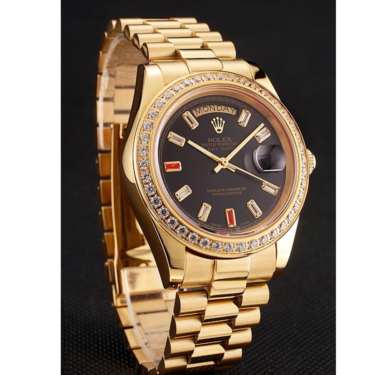 Good Copy Rolex Watches 1454101 Black Swiss Rolex Gold Diamonds Dial And Bracelet Rubies Day-Date 0803